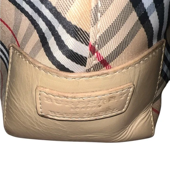 Burberry Nova Check Canvas Leather Tote Tan Black Red Traditional Plaid Pleated - Picture 12 of 16